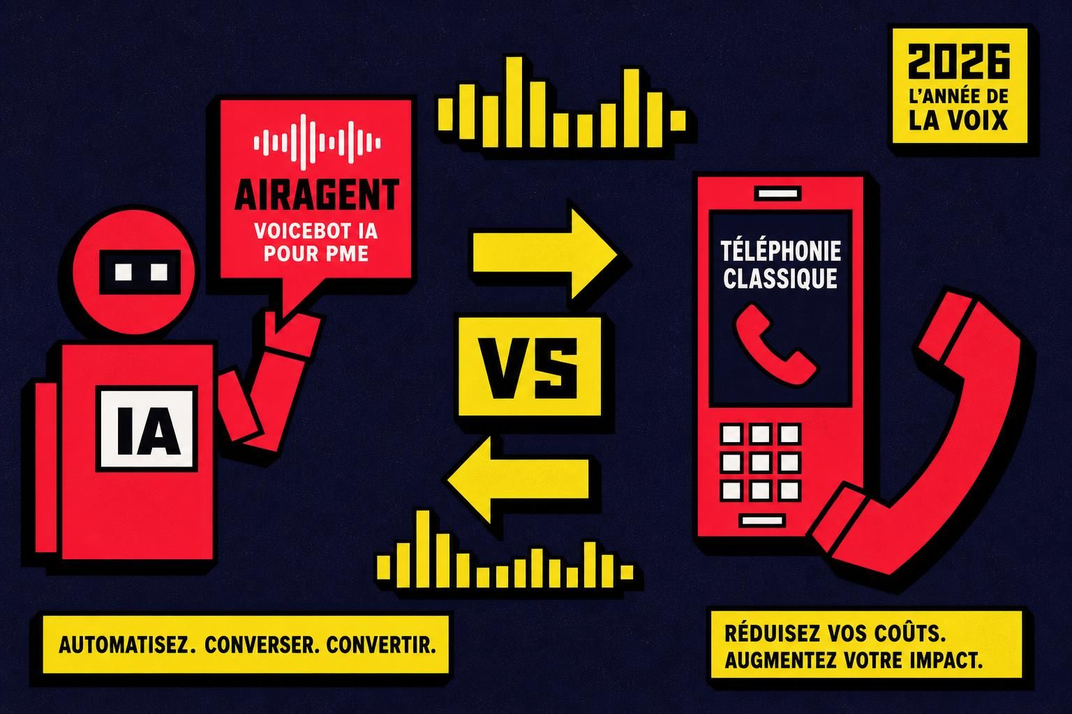 découvrez la comparaison 2026 entre airagent, le voicebot ia innovant, et la téléphonie classique vocalcom. analyse des avantages, performances et évolutions technologiques.